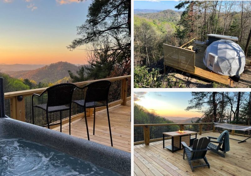 Outdoor deck in Blowing Rock, NC w/a sunset view with a hot tub and wicker chairs. The top right displays a geodesic dom