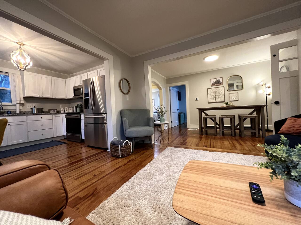 Living room seating with mounted TV