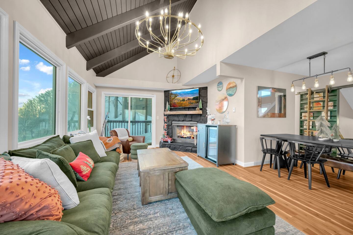 Living area with fireplace and mountain views