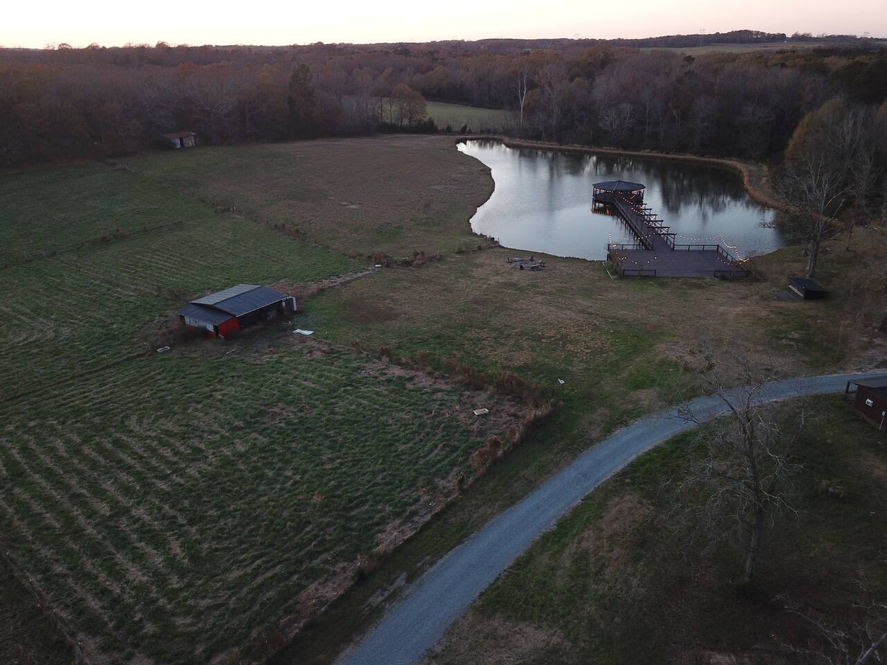Aerial of the pond and forty acres of fields