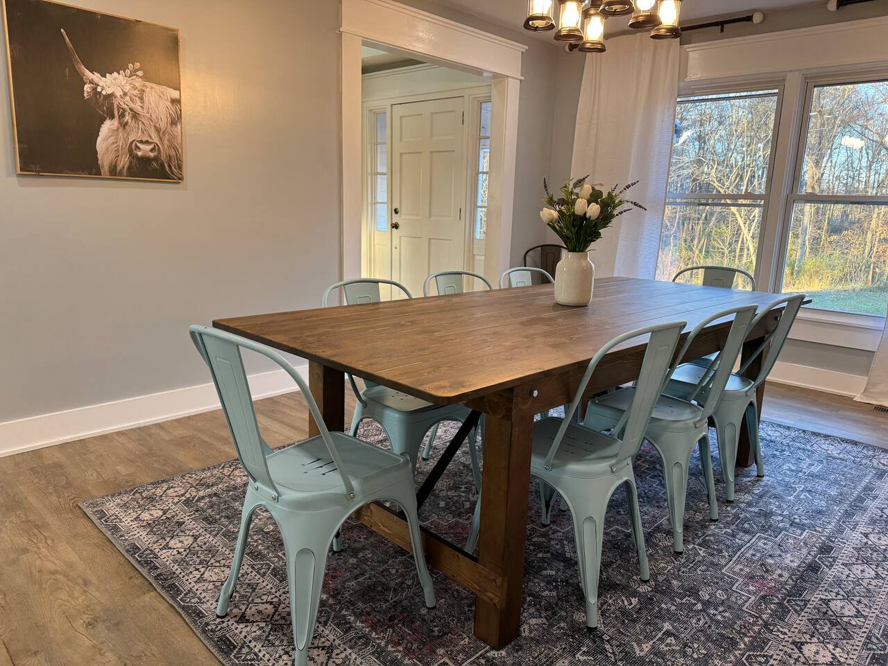 Main House dining room from the windows, with the front door beyond