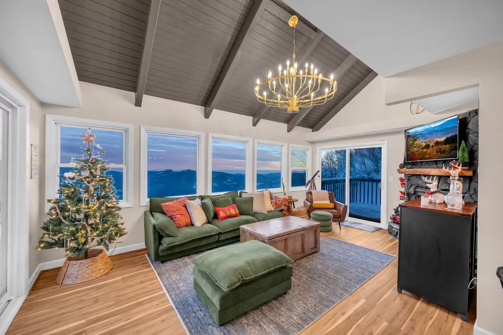 Living area with fireplace and views