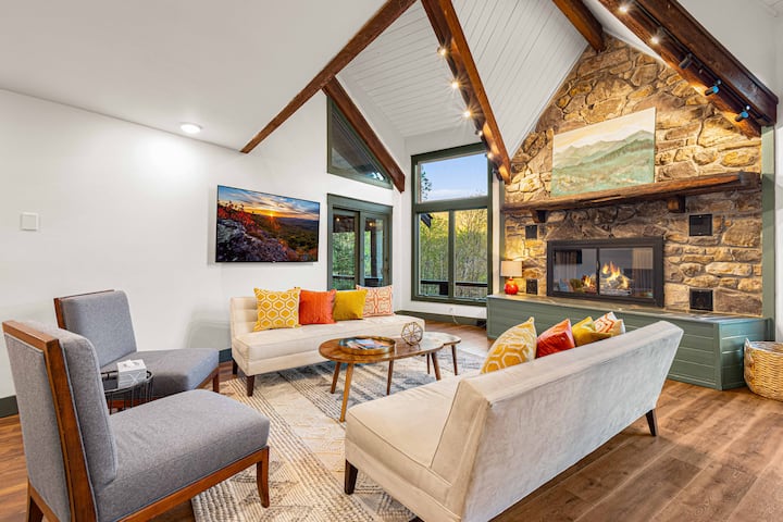 Hidden Castle main living room with stone fireplace